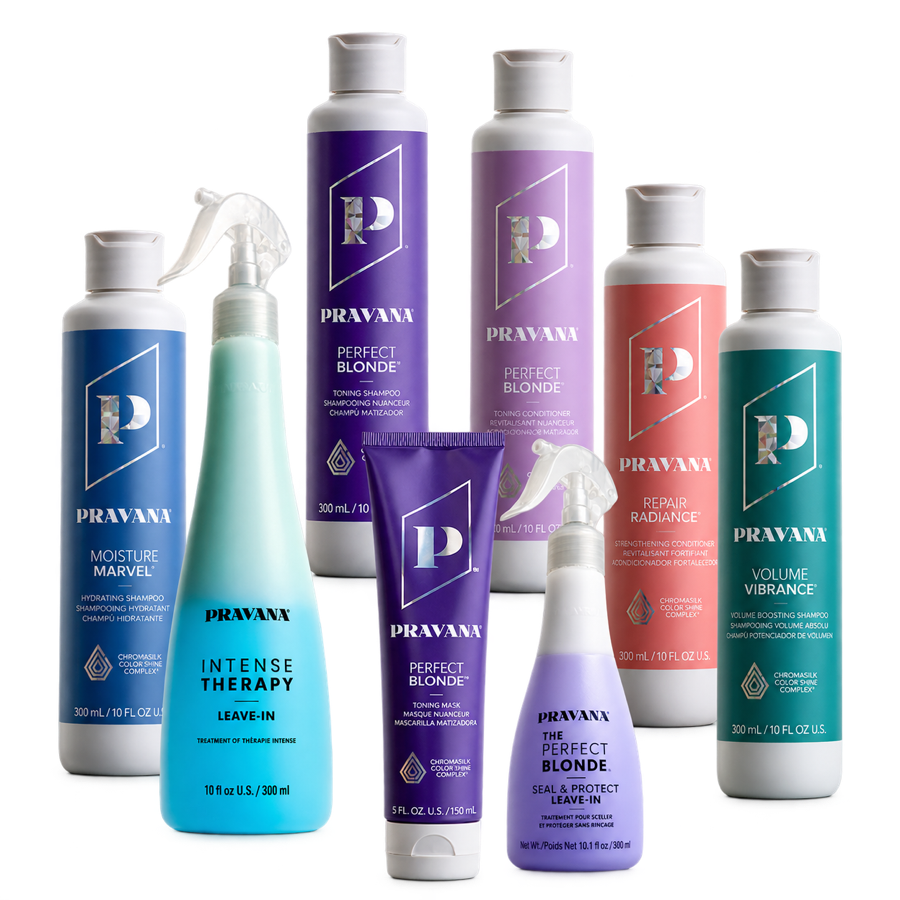 PRAVANA Intense Therapy, Perfect Blonde, Moisture Marvel, Repair Radiance, and Volume Vibrance haircare products